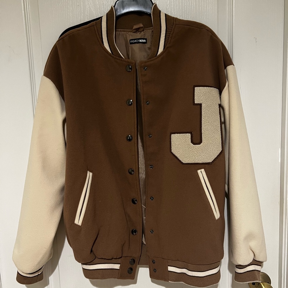 Fashion Nova Brown and Cream varsity Jacket